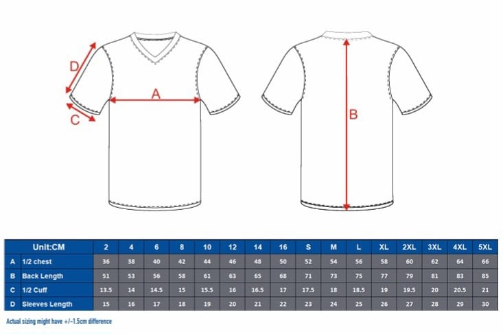 Size chart shirt